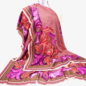 Vgt X-Lg PINTO  Scarf 70%Wool /30% Silk 54" Olive  purple burgendy  floral   (20